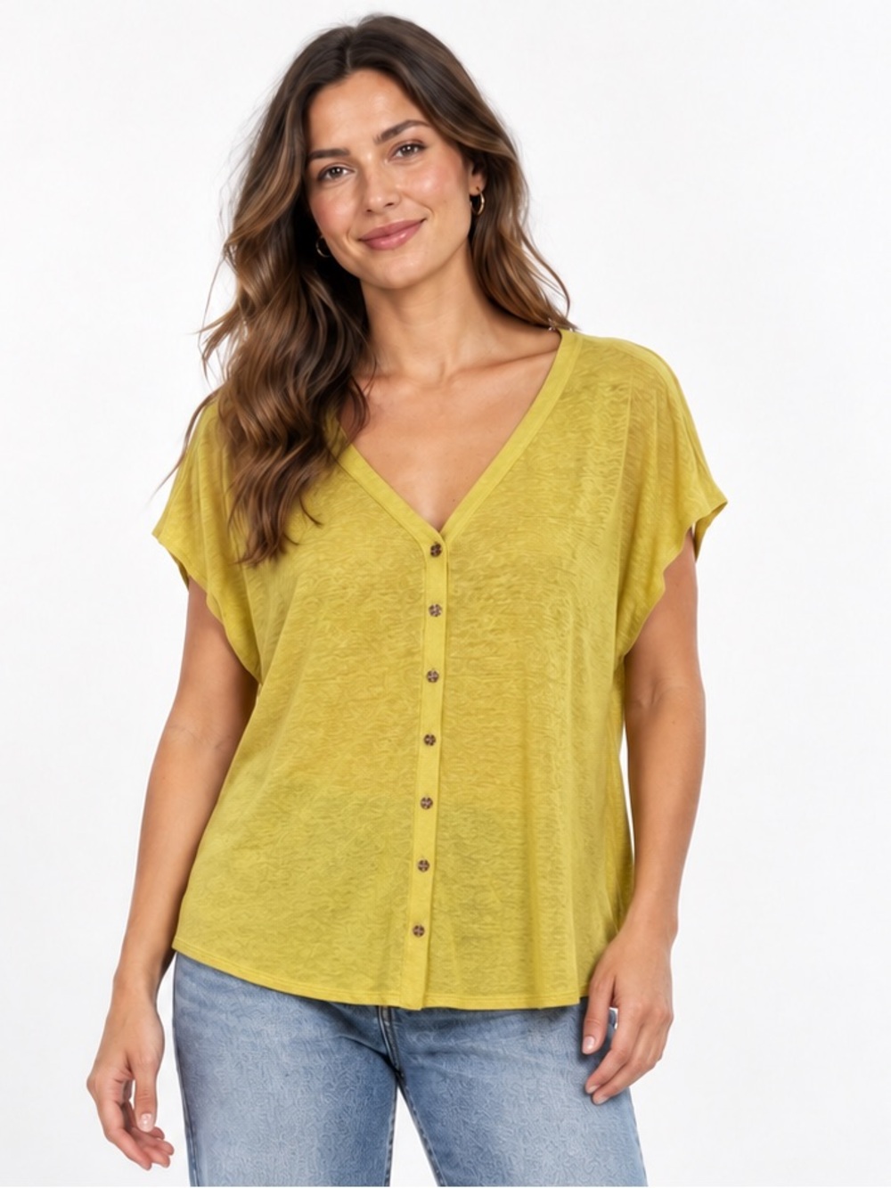 J.Jill Love Linen Yellow Button Front Top Size Large 100% Linen